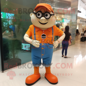 Orange Wrist Watch mascot costume character dressed with a Denim Shorts and Reading glasses