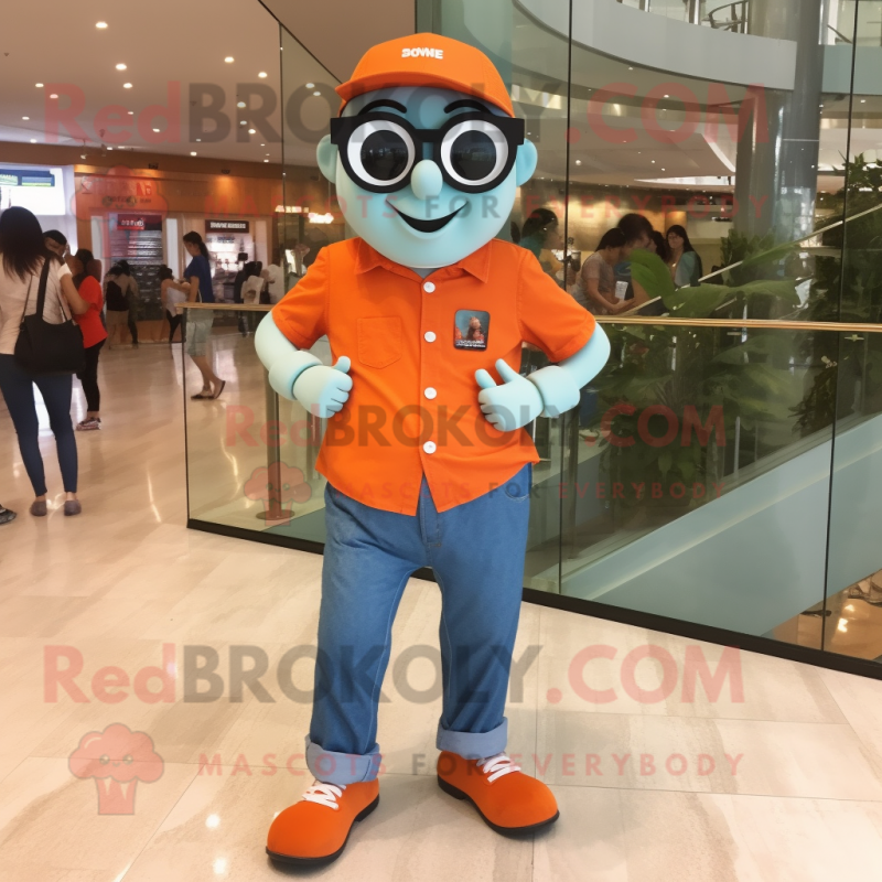 Orange Wrist Watch mascot costume character dressed with a Denim Shorts and Reading glasses