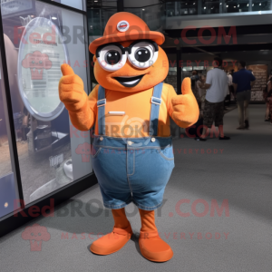 Orange Wrist Watch mascot costume character dressed with a Denim Shorts and Reading glasses