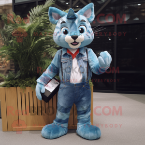 Cyan Bobcat mascot costume character dressed with a Denim Shirt and Clutch bags