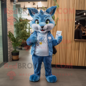 Cyan Bobcat mascot costume character dressed with a Denim Shirt and Clutch bags