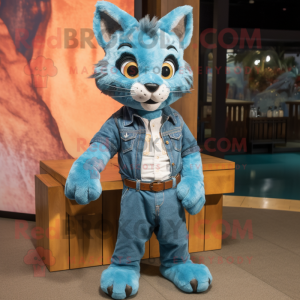Cyan Bobcat mascot costume character dressed with a Denim Shirt and Clutch bags