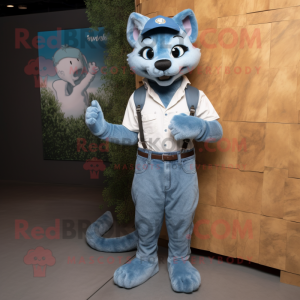 Cyan Bobcat mascot costume character dressed with a Denim Shirt and Clutch bags