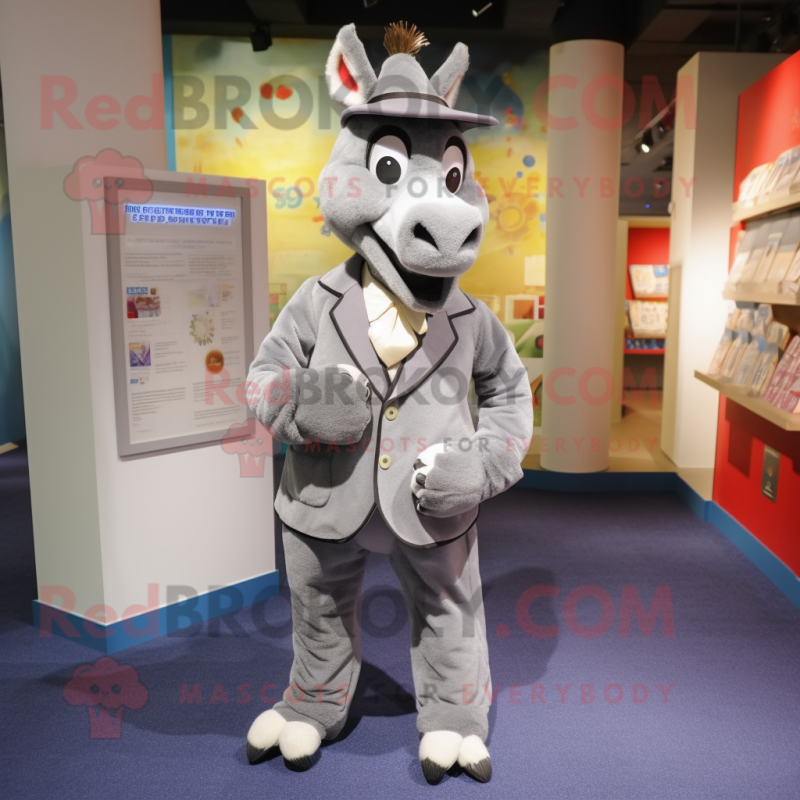 Gray Donkey mascot costume character dressed with a Suit Jacket and Coin purses Gray Donkey mascot costume character dressed with a Suit Jacket and Coin purses