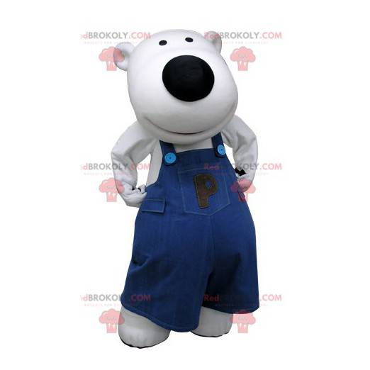 Mascotte d'ours blanc habillé d'une salopette bleue -