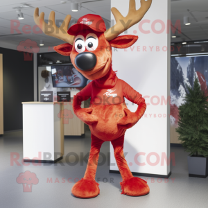 Red Reindeer mascot costume character dressed with a Skinny Jeans and Hats