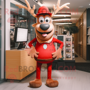 Red Reindeer mascot costume character dressed with a Skinny Jeans and Hats