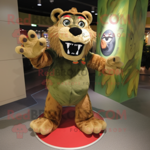 Olive Saber-Toothed Tiger mascot costume character dressed with a Romper and Shoe clips