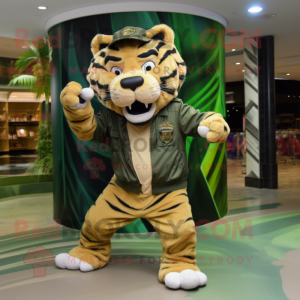 Olive Saber-Toothed Tiger mascot costume character dressed with a Romper and Shoe clips