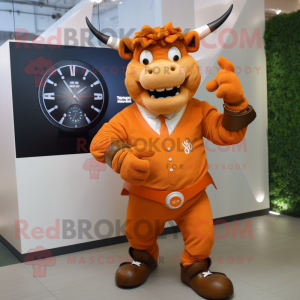 Orange Minotaur mascot costume character dressed with a Blazer and Bracelet watches