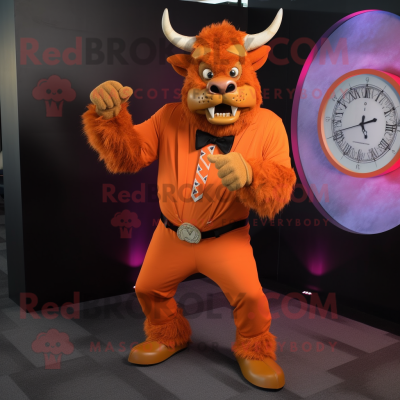 Orange Minotaur mascot costume character dressed with a Blazer and Bracelet watches