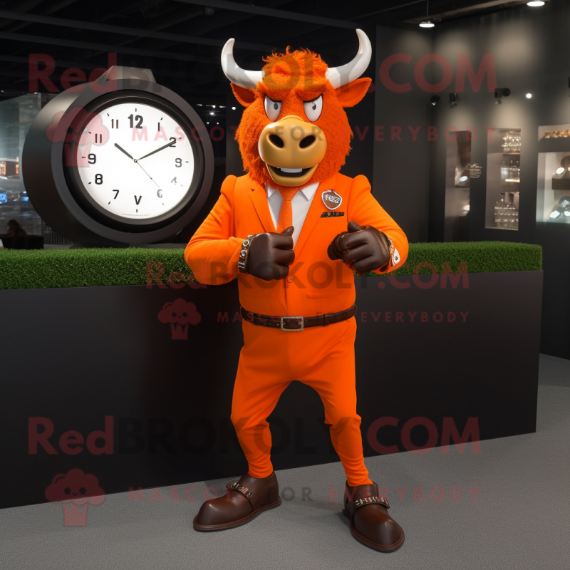 Orange Minotaur mascot costume character dressed with a Blazer and Bracelet watches