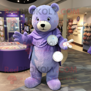 Lavender Bear mascot costume character dressed with a Long Sleeve Tee and Coin purses