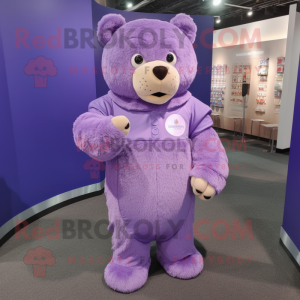 Lavender Bear mascot costume character dressed with a Long Sleeve Tee and Coin purses