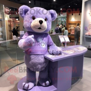 Lavender Bear mascot costume character dressed with a Long Sleeve Tee and Coin purses