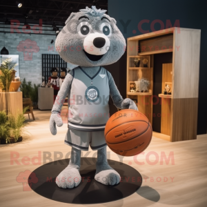 Gray Basketball Ball mascot costume character dressed with a Cardigan and Brooches