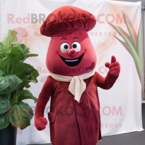 Red Beet mascot costume character dressed with a Waistcoat and Berets