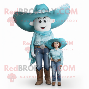 Cyan Cowboy mascot costume character dressed with a Mom Jeans and Cummerbunds