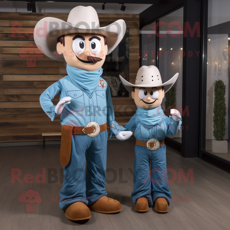 Cyan Cowboy mascot costume character dressed with a Mom Jeans and Cummerbunds