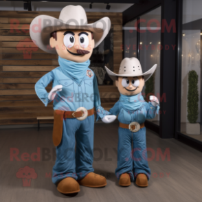 Cyan Cowboy mascot costume character dressed with a Mom Jeans and Cummerbunds