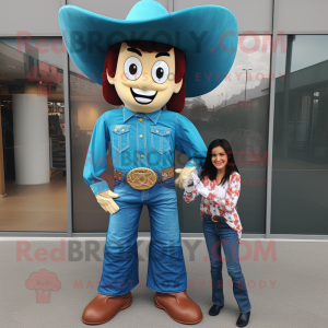 Cyan Cowboy mascot costume character dressed with a Mom Jeans and Cummerbunds