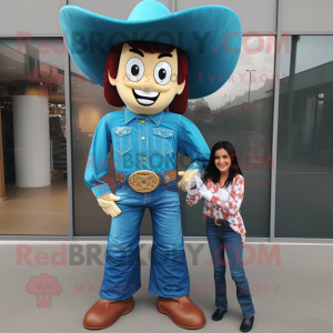 Cyan Cowboy maskot kostume...