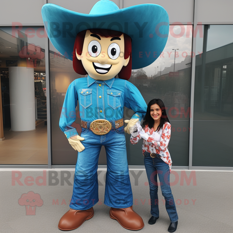 Cyan Cowboy mascot costume character dressed with a Mom Jeans and Cummerbunds Cyan Cowboy mascot costume character dressed with a Mom Jeans and Cummerbunds