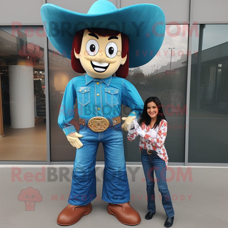 Cyan Cowboy mascot costume character dressed with a Mom Jeans and Cummerbunds