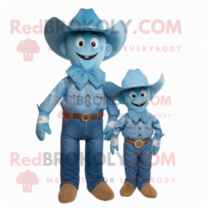 Cyan Cowboy mascot costume character dressed with a Mom Jeans and Cummerbunds