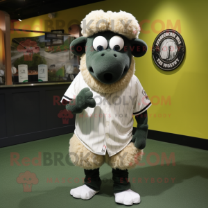 Olive Suffolk Sheep mascot costume character dressed with a Baseball Tee and Rings