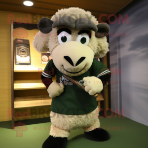 Olive Suffolk Sheep mascot costume character dressed with a Baseball Tee and Rings