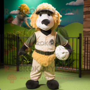 Olive Suffolk Sheep mascot costume character dressed with a Baseball Tee and Rings