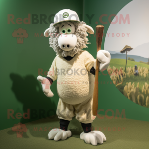 Olive Suffolk Sheep mascot costume character dressed with a Baseball Tee and Rings