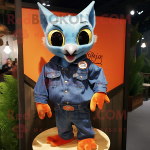 Orange Bat mascot costume character dressed with a Denim Shirt and Lapel pins