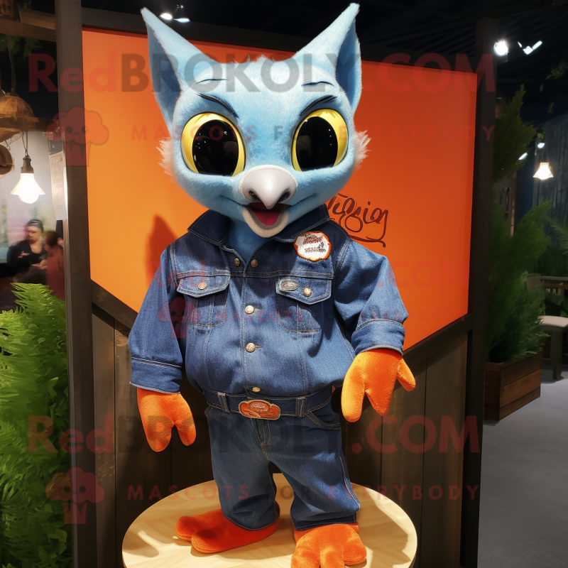 Orange Bat mascot costume character dressed with a Denim Shirt and Lapel pins Orange Bat mascot costume character dressed with a Denim Shirt and Lapel pins