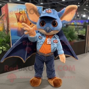 Orange Bat mascot costume character dressed with a Denim Shirt and Lapel pins