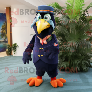 Navy Toucan mascot costume character dressed with a Suit Pants and Foot pads