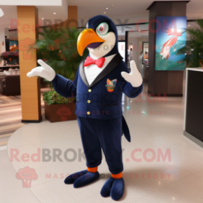 Navy Toucan mascot costume character dressed with a Suit Pants and Foot pads