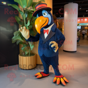 Navy Toucan mascot costume character dressed with a Suit Pants and Foot pads