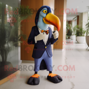 Navy Toucan mascot costume character dressed with a Suit Pants and Foot pads