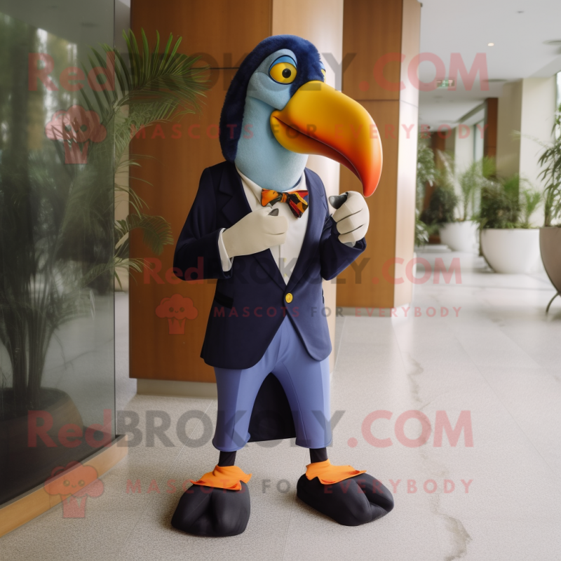 Navy Toucan mascot costume character dressed with a Suit Pants and Foot pads Navy Toucan mascot costume character dressed with a Suit Pants and Foot pads