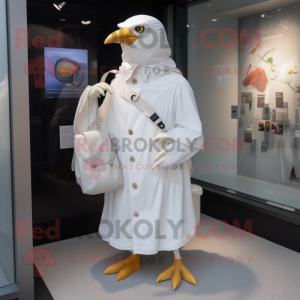 White Blackbird mascot costume character dressed with a Raincoat and Coin purses