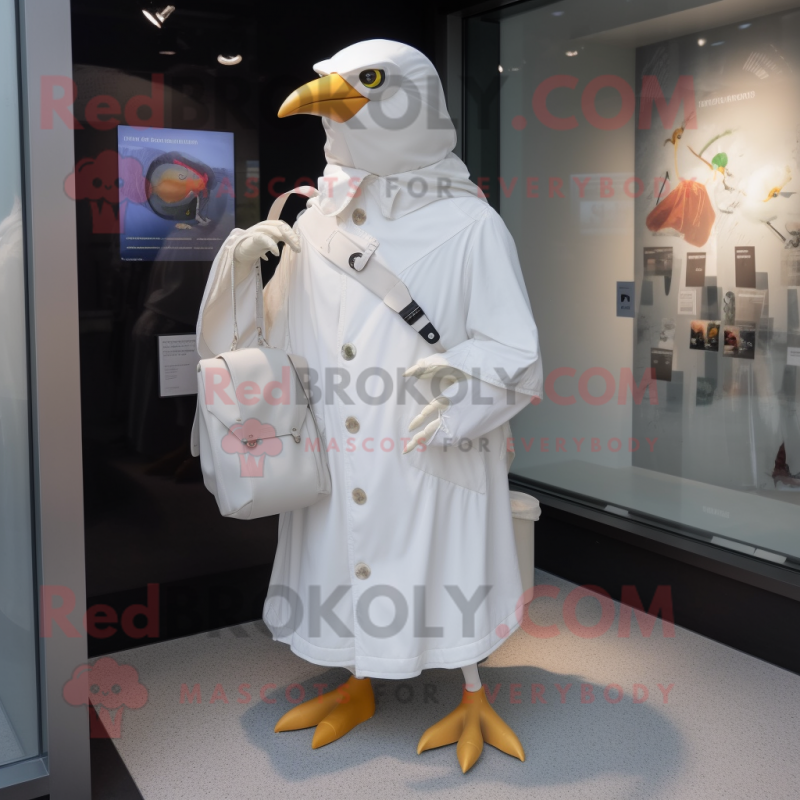 White Blackbird mascot costume character dressed with a Raincoat and Coin purses White Blackbird mascot costume character dressed with a Raincoat and Coin purses