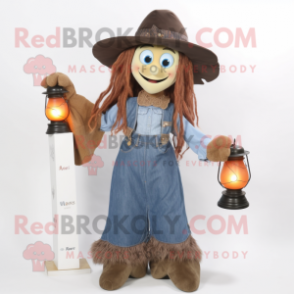 Brown Witch mascot costume character dressed with a Denim Shirt and Scarves