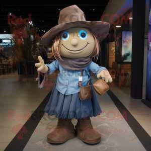 Brown Witch mascot costume character dressed with a Denim Shirt and Scarves