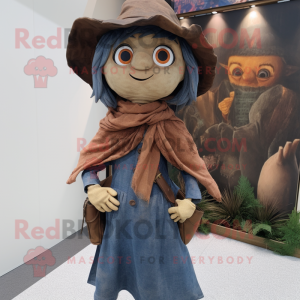Brown Witch mascot costume character dressed with a Denim Shirt and Scarves