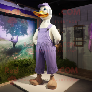 Lavender Goose mascot costume character dressed with a Dungarees and Earrings