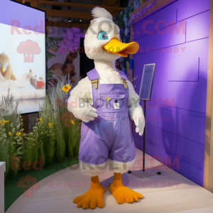 Lavender Goose mascot costume character dressed with a Dungarees and Earrings