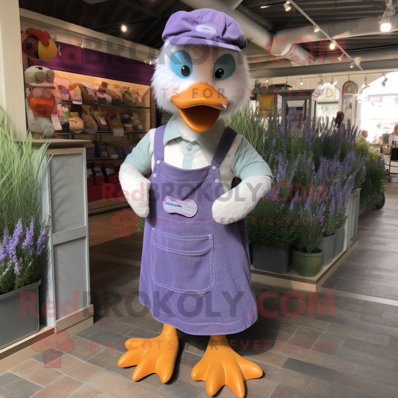 Lavender Goose mascot costume character dressed with a Dungarees and Earrings