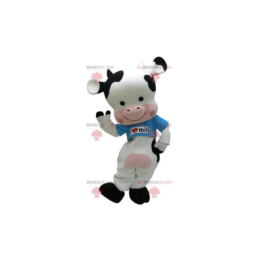 Mascote preto branco e vaca rosa com uma camiseta azul -